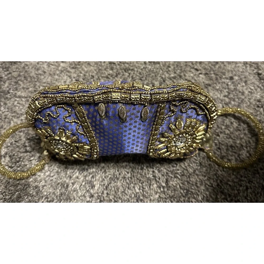 Fortune Cookie Bag Purse Wristlet Blue/Purple w/ Gold color Beads w/ Embroidery